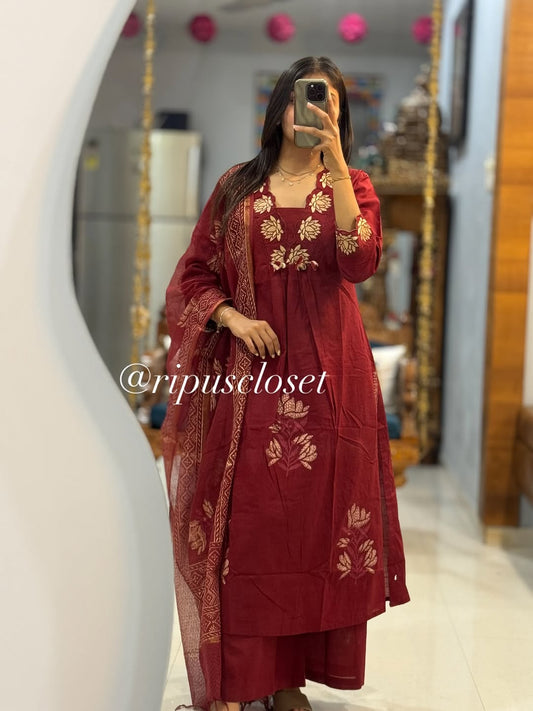 Maroon Elegant Floral Embroidered Kurta Set with Dupatta
