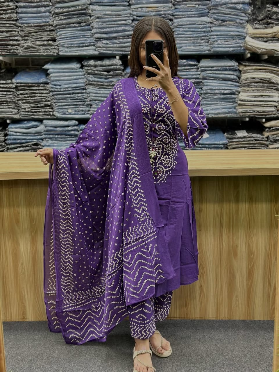 Bandhni Print Applique Codi Work Cotton Suit