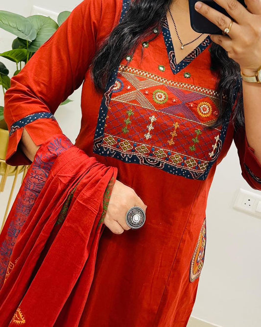 Women’s Embroidered Cotton Kurti Pant & Dupatta Set – Rust Red