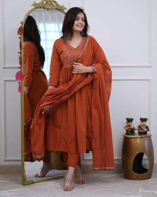 Women’s Embroidered Cotton Anarkali Kurti Pant & Dupatta Set – Rust Brown