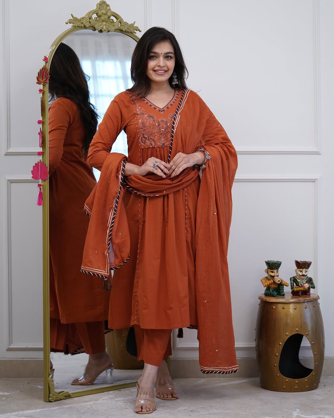 Women’s Embroidered Cotton Anarkali Kurti Pant & Dupatta Set – Rust Brown
