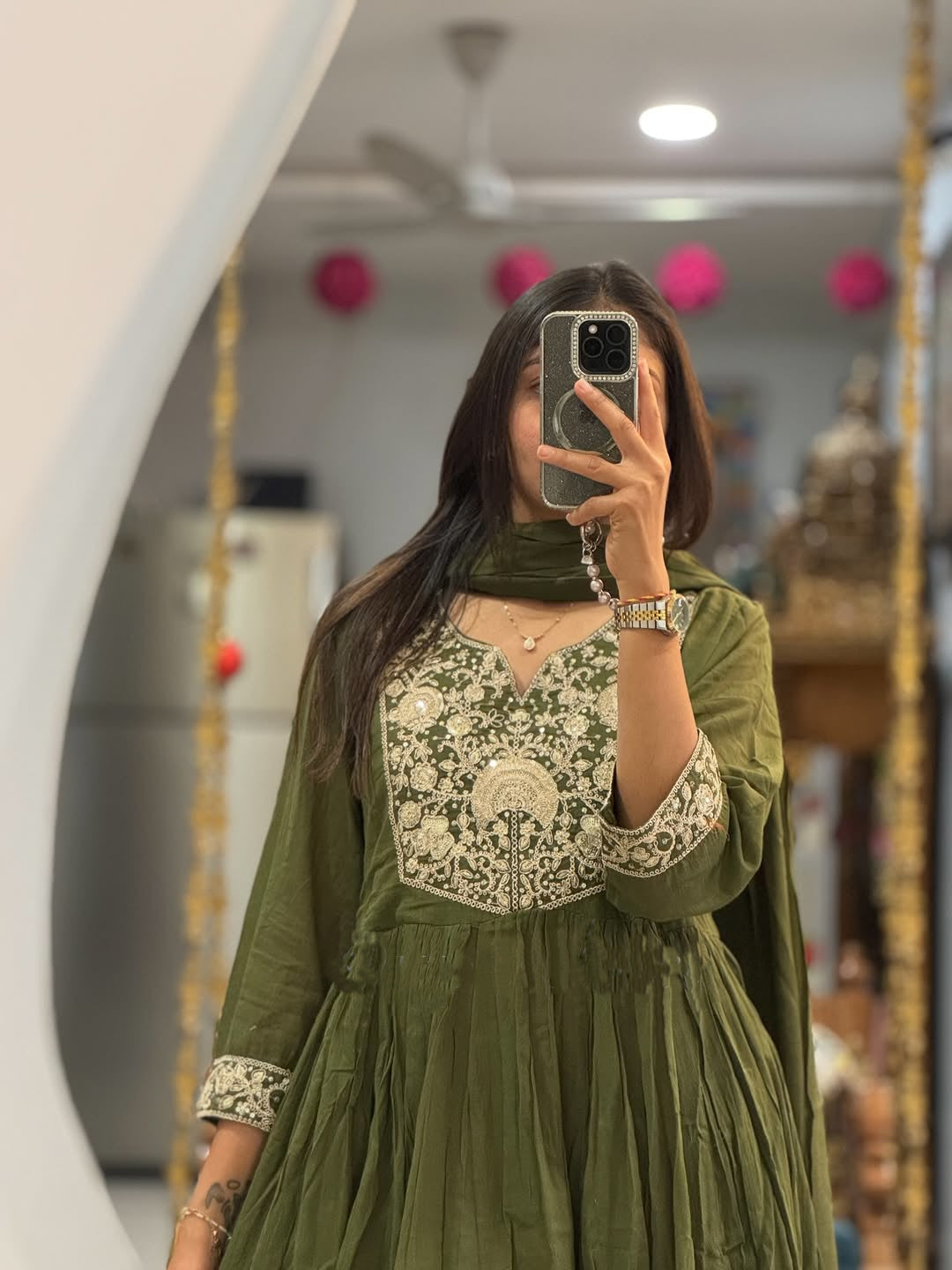 Olive Green Embroidered Anarkali Kurta Set with Dupatta