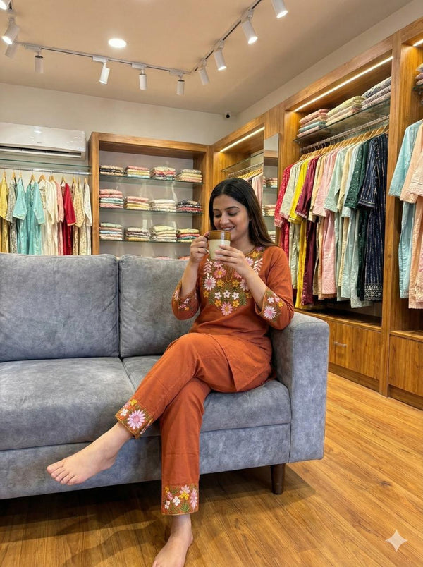 Rust Orange Floral Embroidered Co-ord Set – Libas Kurti