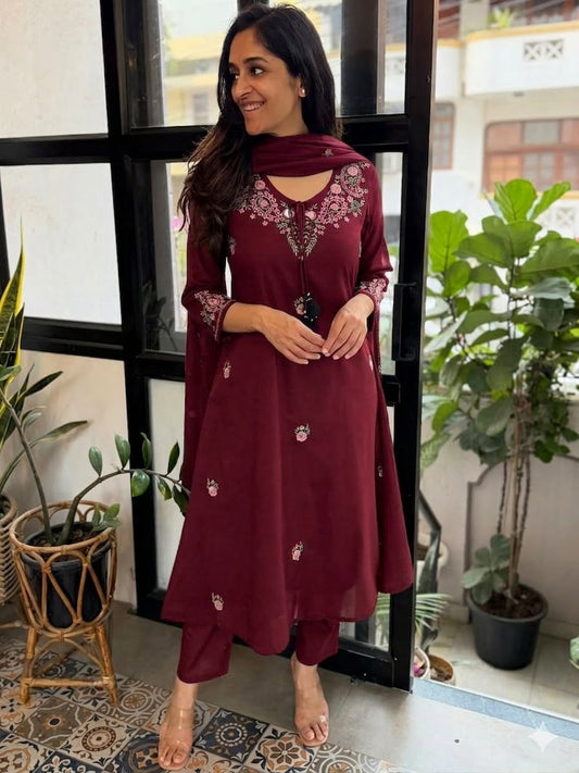 Women’s Maroon Embroidered Kurta Pant Set with Dupatta