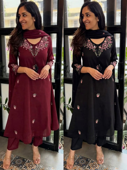 Women’s Black Embroidered Kurta Pant Set with Dupatta