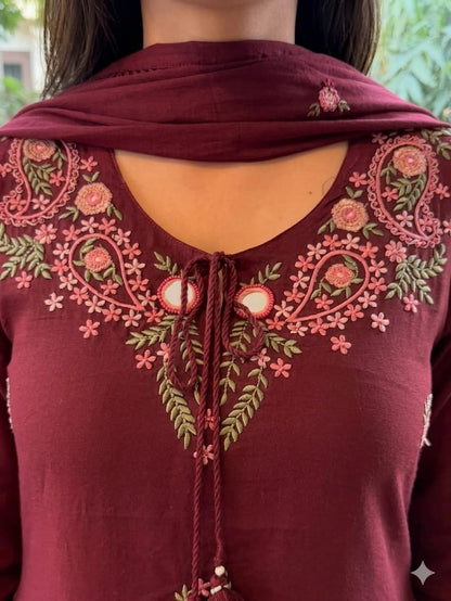 Women’s Maroon Embroidered Kurta Pant Set with Dupatta