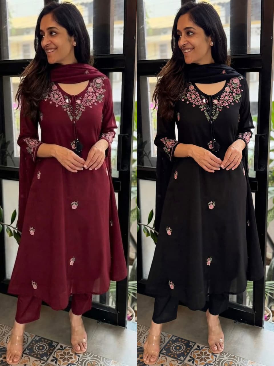 Women’s Maroon Embroidered Kurta Pant Set with Dupatta