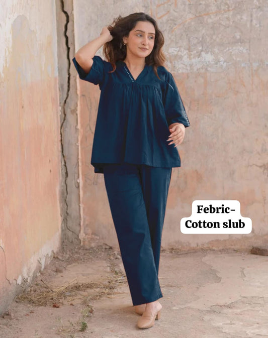 Women’s Blue Cotton Slub Co-ord Set