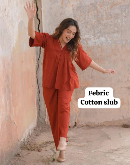 Women’s Rust Red Cotton Slub Co-ord Set