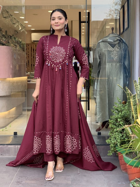 Women’s Maroon Embroidered Kurta Pant Set with Dupatta