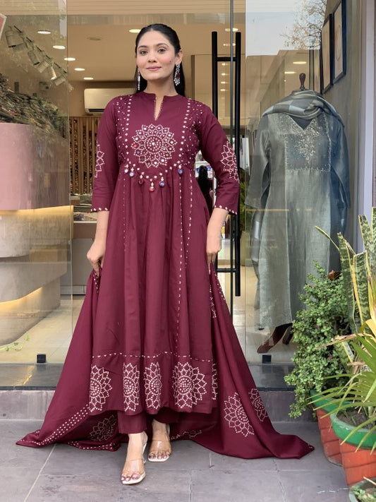 Women’s Maroon Embroidered Kurta Pant Set with Dupatta