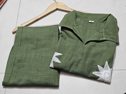Women’s Bottle Green Floral Embroidered Cotton Co-Ord Set