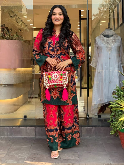 Women’s Red Paisley Print Kurta Palazzo Co-ord Set