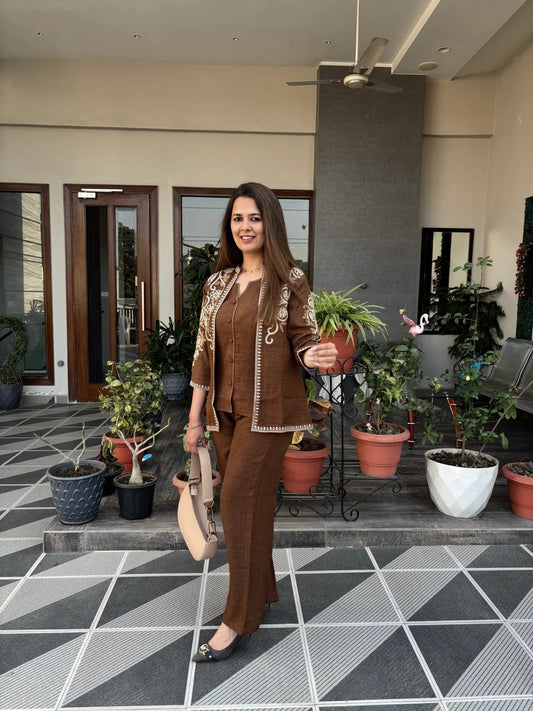 Mocha Brown Floral Embroidered Jacket Set