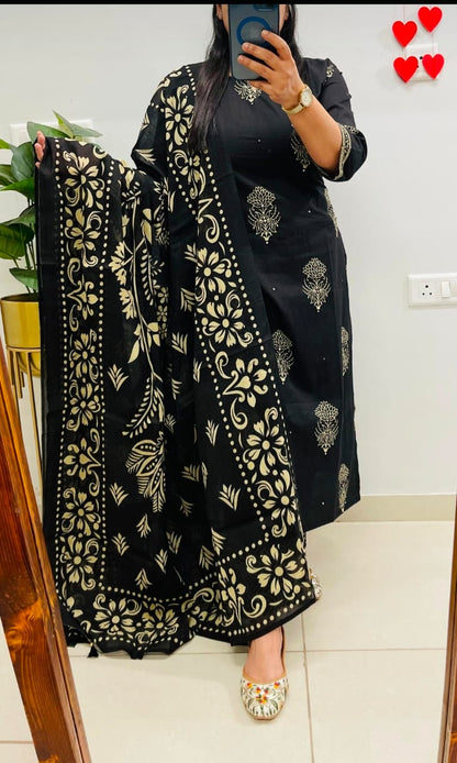 Noor Black Gold Printed Kurta Pant & Dupatta Set