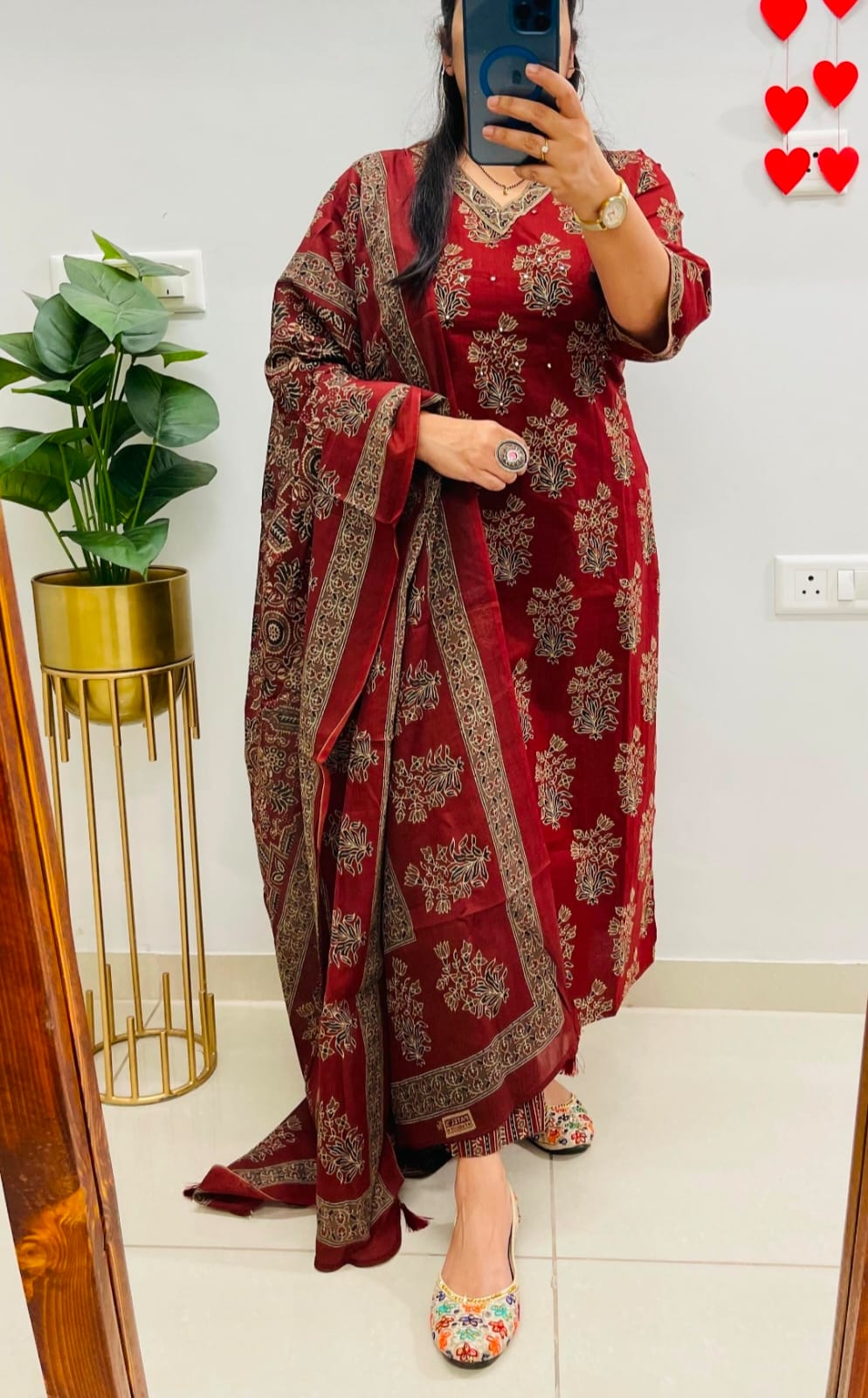 Meher Maroon Floral Printed Kurta Pant & Dupatta Set