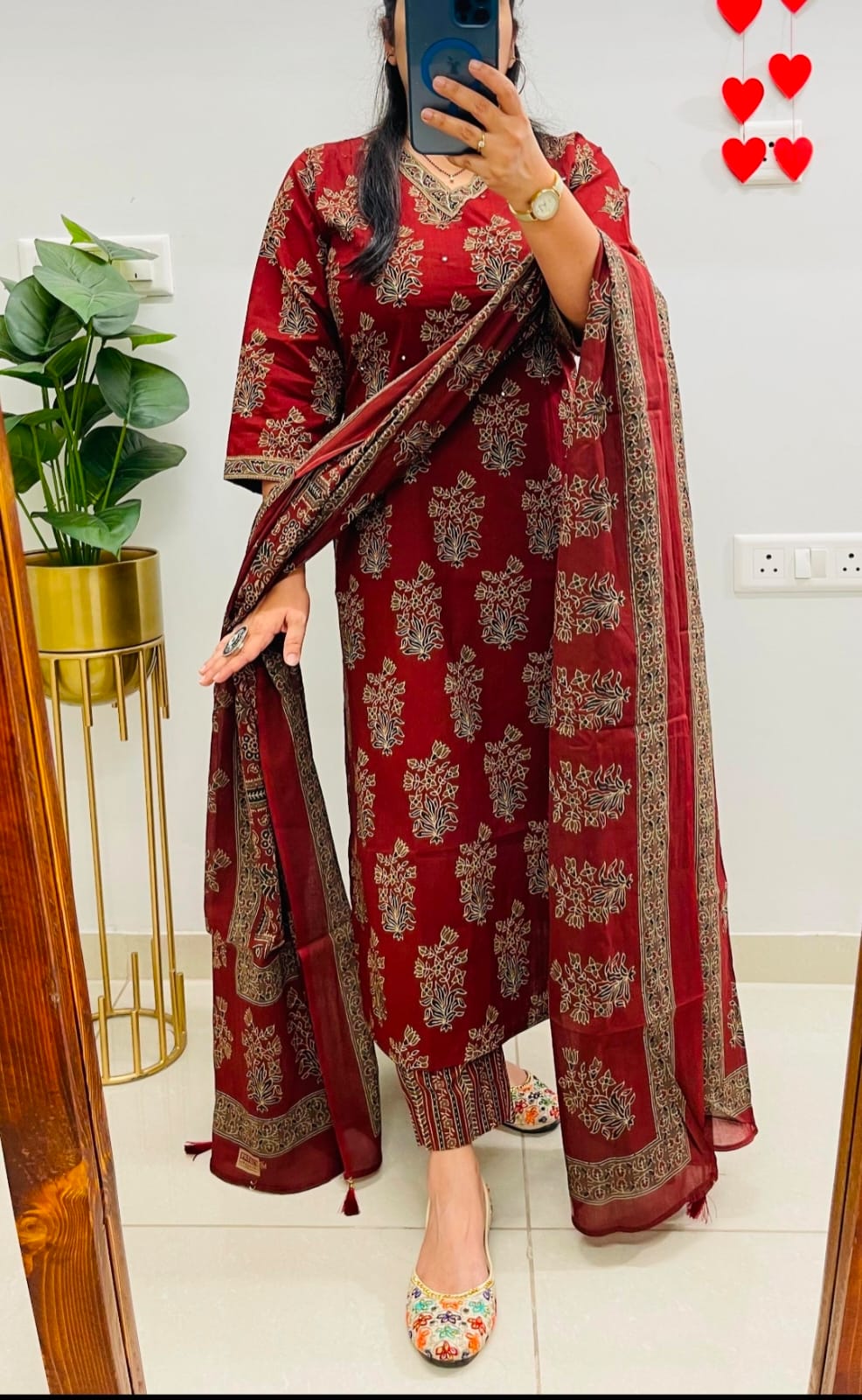 Meher Maroon Floral Printed Kurta Pant & Dupatta Set