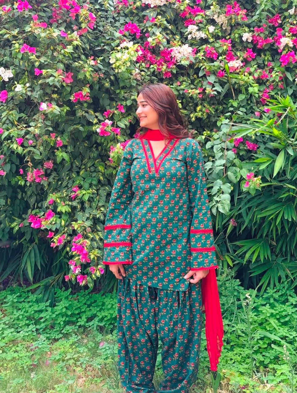 Meher Teal Floral Printed Kurta & Farshi Salwar Set