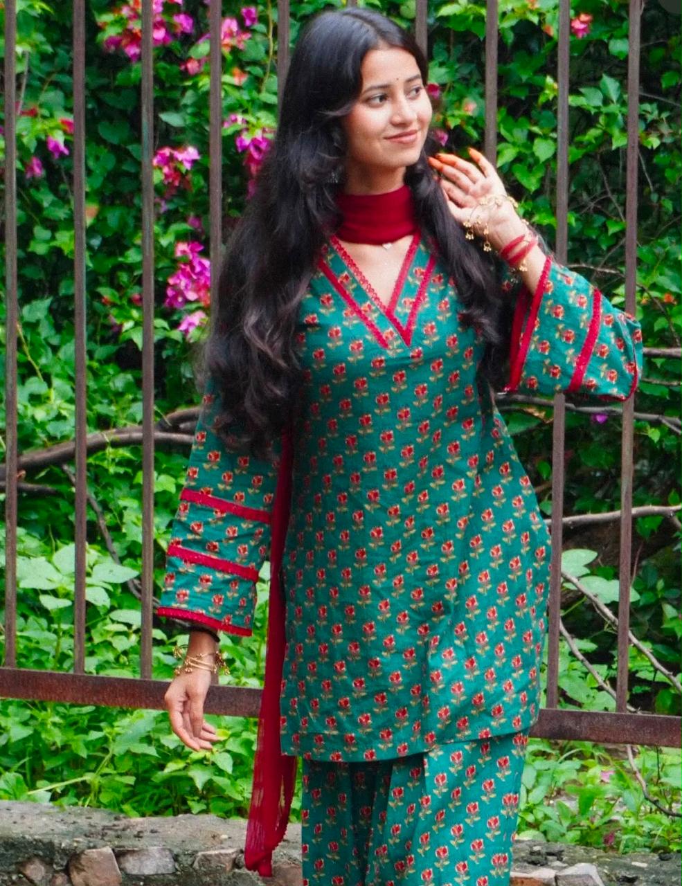 Meher Teal Floral Printed Kurta & Farshi Salwar Set