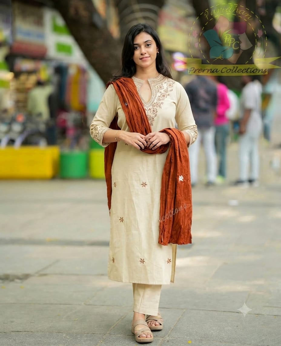 Zoya Beige Embroidered Kurta Pant & Dupatta Set