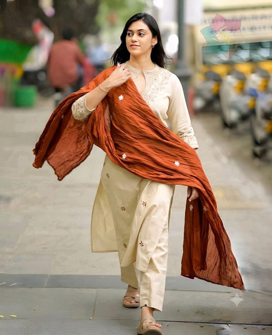 Zoya Beige Embroidered Kurta Pant & Dupatta Set