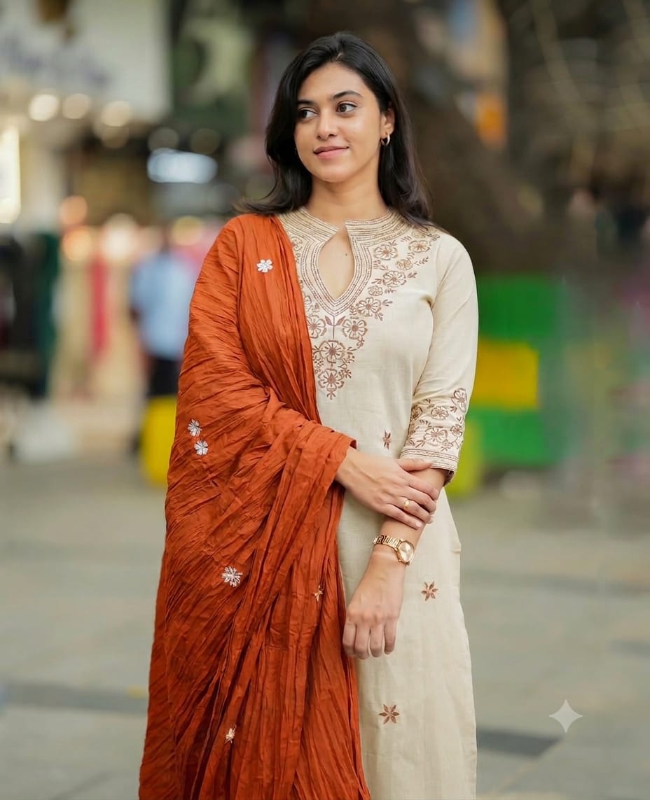 Zoya Beige Embroidered Kurta Pant & Dupatta Set