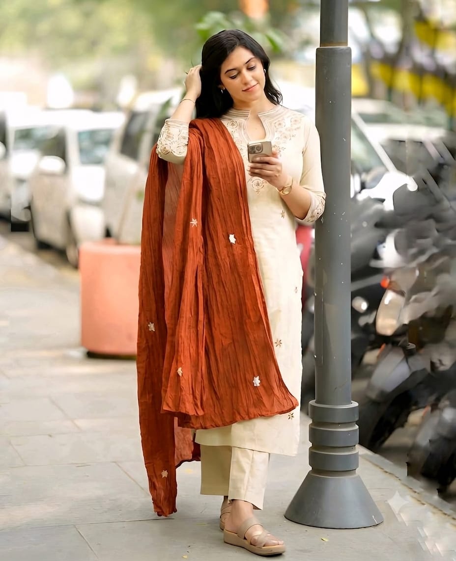 Zoya Beige Embroidered Kurta Pant & Dupatta Set