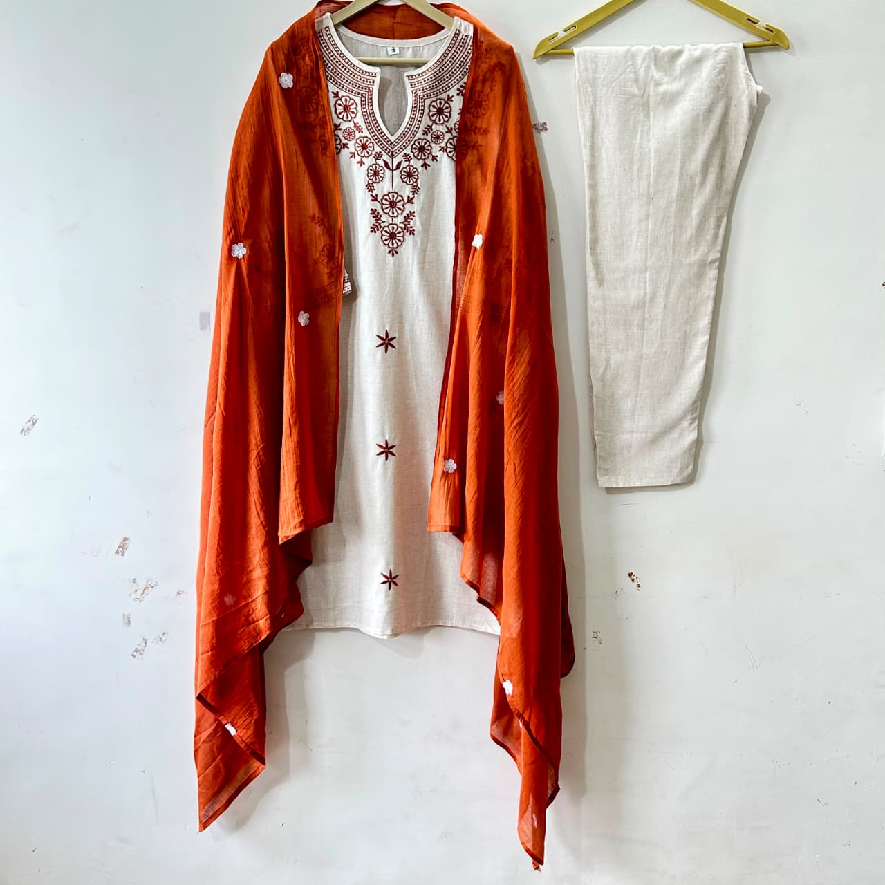 Zoya Beige Embroidered Kurta Pant & Dupatta Set