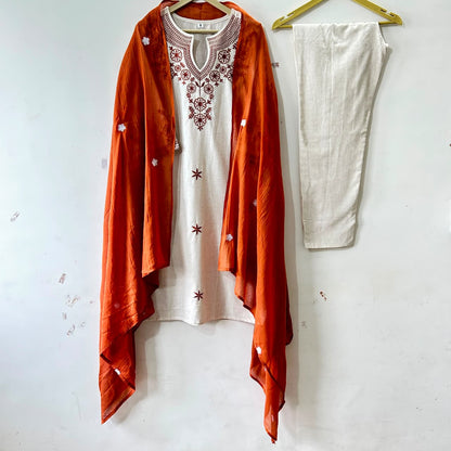 Zoya Beige Embroidered Kurta Pant & Dupatta Set