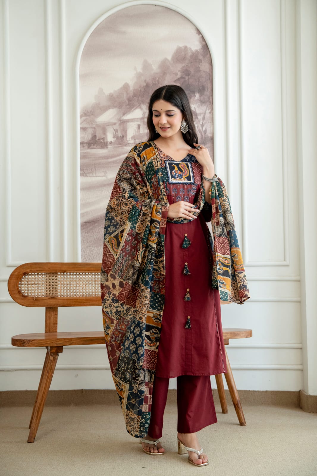 Women’s Maroon Printed Kurta Pant Set with Dupatta