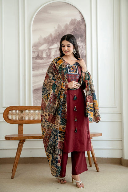 Women’s Maroon Printed Kurta Pant Set with Dupatta