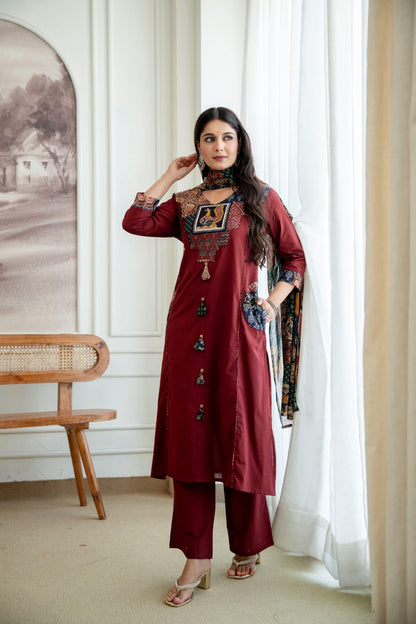 Women’s Maroon Printed Kurta Pant Set with Dupatta