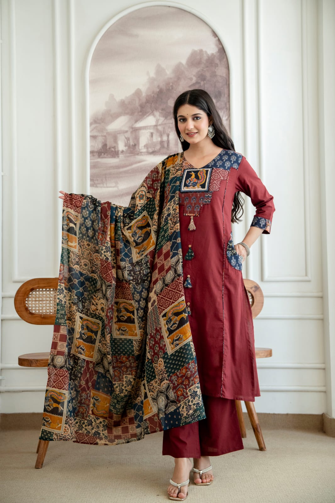 Women’s Maroon Printed Kurta Pant Set with Dupatta