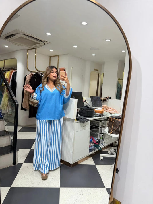 Women’s Blue Top and Striped Palazzo Co-ord Set
