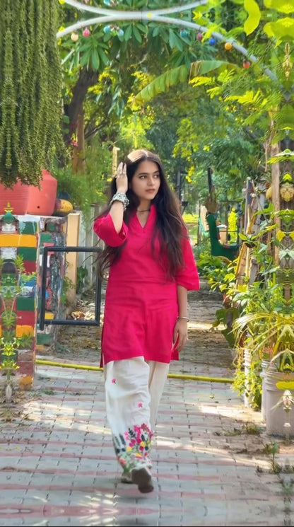 Women’s Pink Kurta and White Floral Palazzo Set