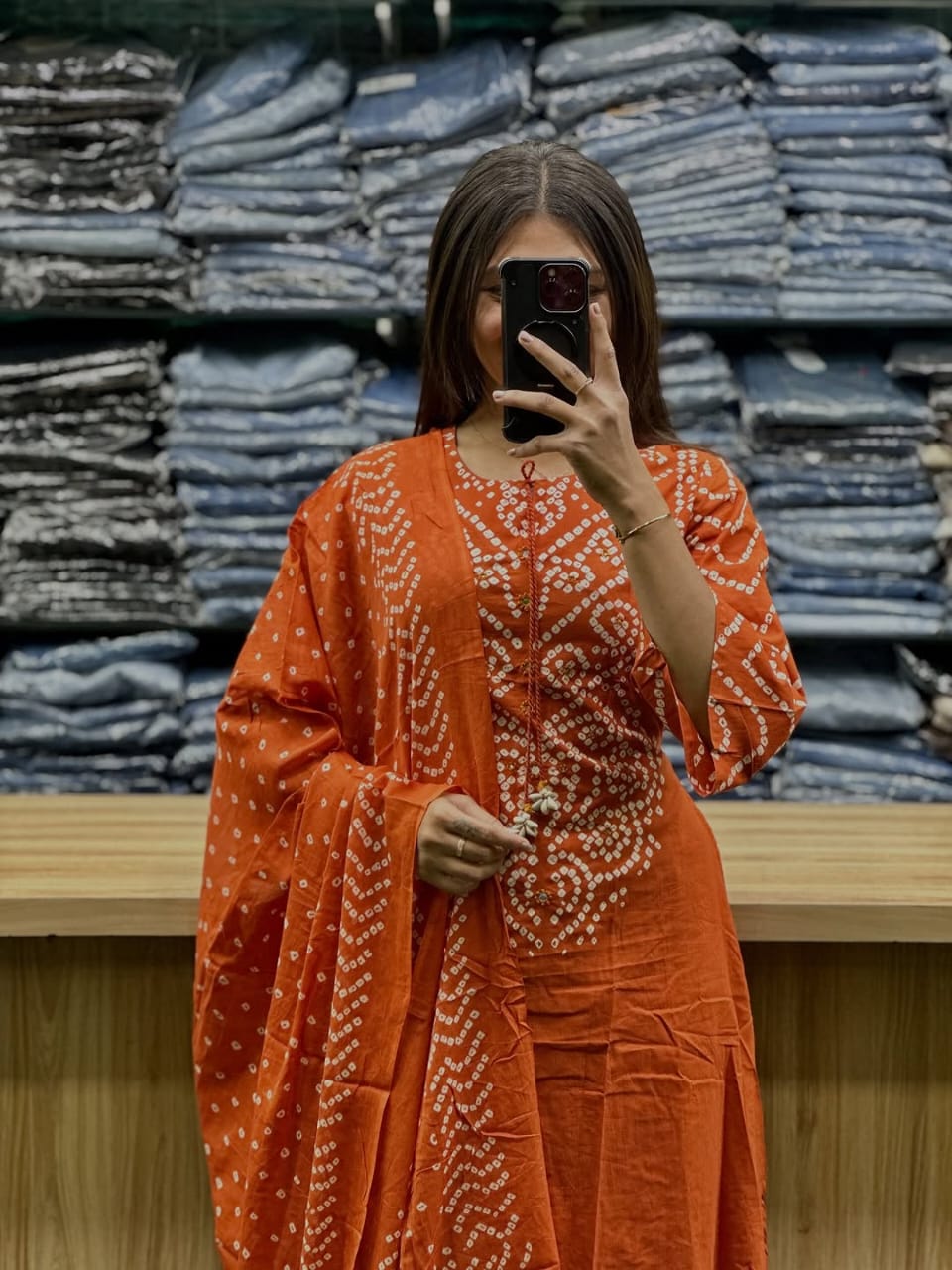 Women’s Bandhani Print Cotton Kurti Palazzo & Dupatta Set - Orange