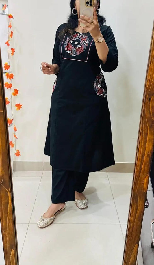Black Cotton Embroidered Kurti Set with Pants for Women