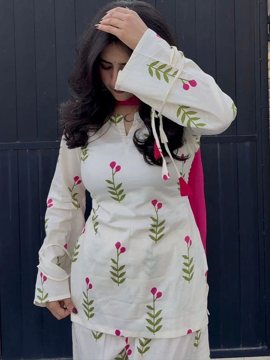 Gulbahar White Floral Cotton Farshi Salwar Suit Set