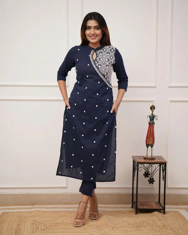 DARK BLUE EMBROIDERED  COTTON STRAIGHT KURTA SET