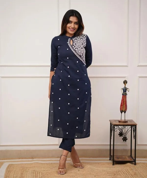 DARK BLUE EMBROIDERED  COTTON STRAIGHT KURTA SET