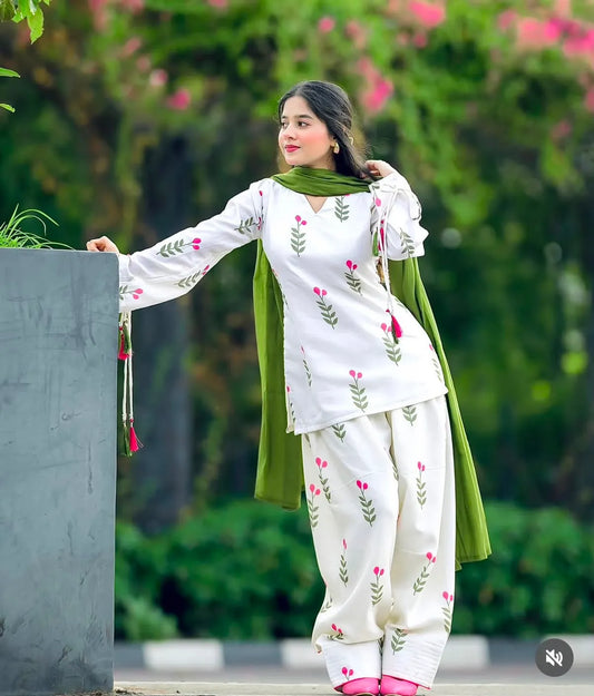 Gulbahar White Floral Patiala Suit Set with Olive Green Dupatta