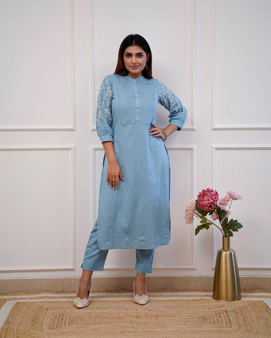 Light Blue Women Cotton Blend Kurta And Pant Set