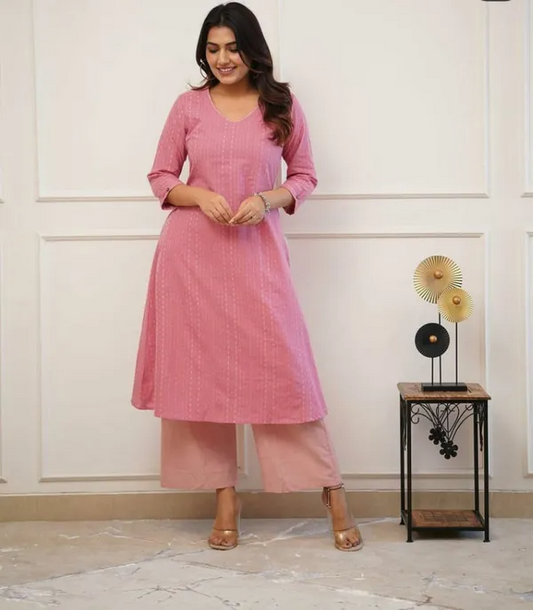 Pink Cotton A-Line Kurti With Pant Set For Women