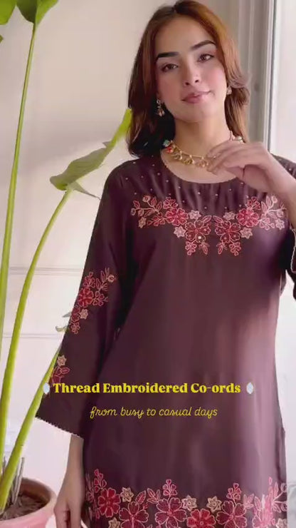 Chocolate Brown Floral Embroidered Kurta Palazzo Set